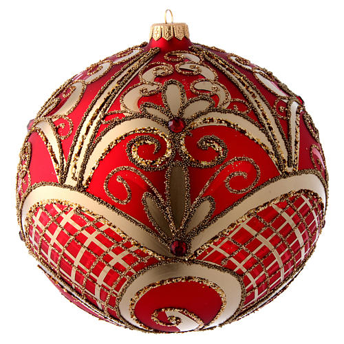 Weihnachtsbaumkugel aus mundgeblasenem Glas Grundton Rot mit goldenen Verzierungen 200 mm 1