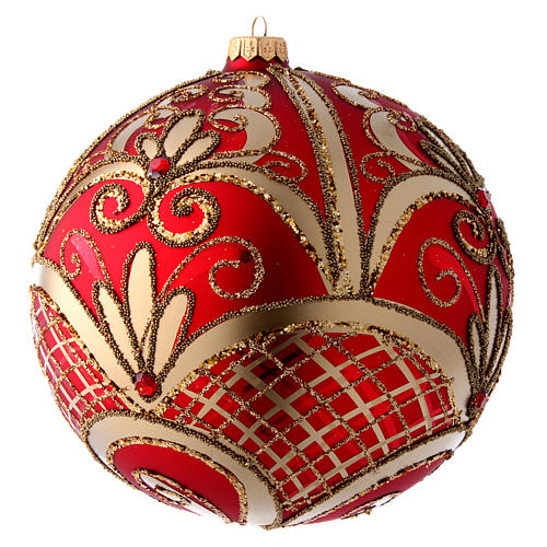 Weihnachtsbaumkugel aus mundgeblasenem Glas Grundton Rot mit goldenen Verzierungen 200 mm 3
