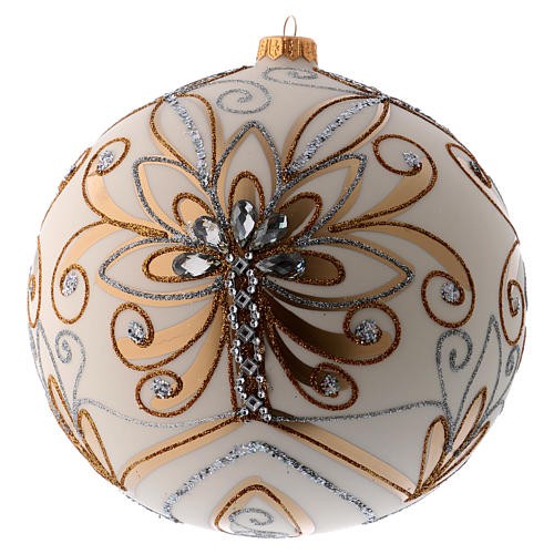 Weihnachtsbaumkugel aus mundgeblasenem Glas Grundton Weiß mit silbernen und goldenen Verzierungen 200 mm 1