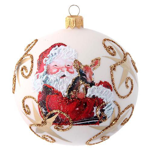 Weihnachtsbaumkugel aus Glas Grundton Weiß Motiv Weihnachtsmann und Rehkitz 100 mm 1