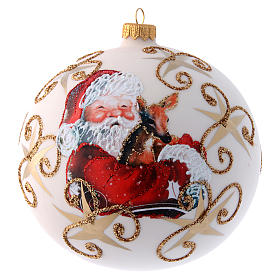 White opaque Christmas tree ball with Father Christmas and deer 150 mm