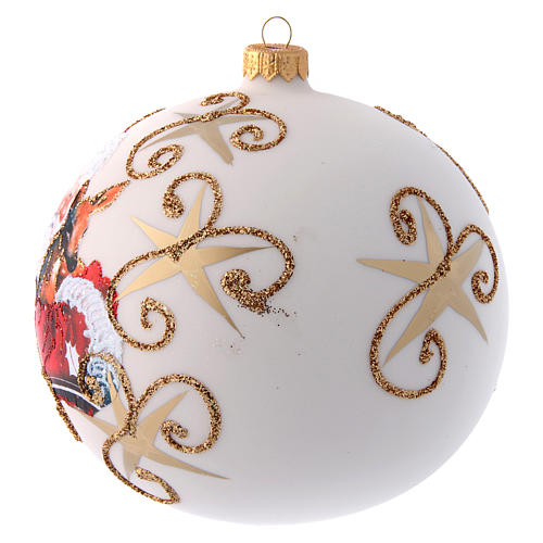 White opaque Christmas tree ball with Father Christmas and deer 150 mm 2