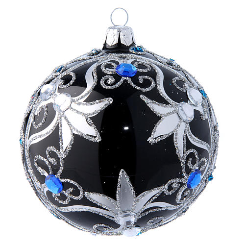 Glass Christmas tree ball with  black and silver decorations  100 mm 1