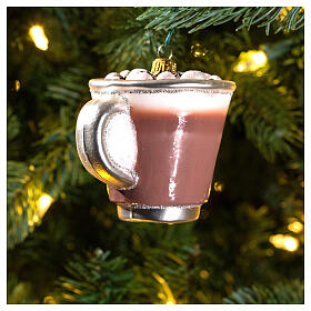 Chávena de chocolate quente adorno árvore Natal vidro soprado