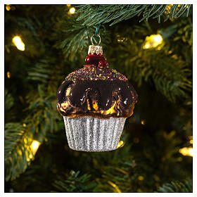 Muffin de chocolate adorno árvore Natal vidro soprado