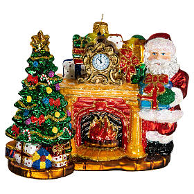 Santa Claus and fireplace, Christmas tree decoration in blown glass