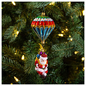 Parachuting Santa, Christmas tree decoration in blown glass