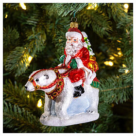Santa Claus with Polar Bear blown glass Christmas ornament