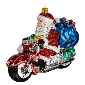 Weihnachtsmann auf Motorrad, Weihnachtsbaumschmuck aus mundgeblasenem Glas