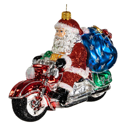 Weihnachtsmann auf Motorrad, Weihnachtsbaumschmuck aus mundgeblasenem Glas 1
