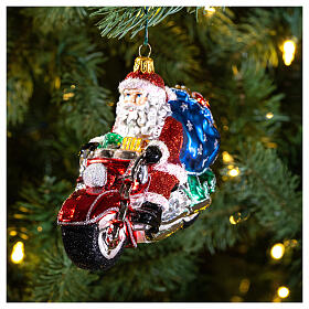 Motorbike Santa, Christmas tree decoration in blown glass