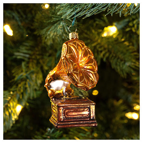 Gramofone adorno em vidro soprado para árvore Natal 2