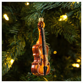 Violino adorno em vidro soprado para árvore Natal