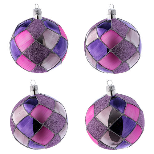 Purple fucsia diamond pattern glass balls 10 cm, set of 4 1