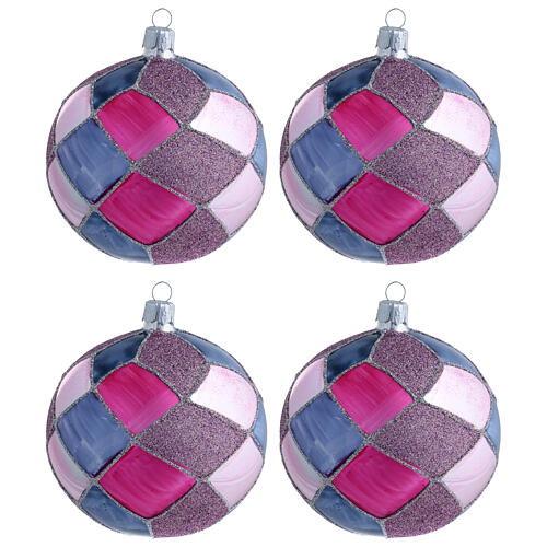 Purple fucsia diamond pattern glass balls 10 cm, set of 4 1