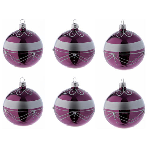 Blown glass Christmas balls 8 cm, purple with silvery design, 6 pcs 1