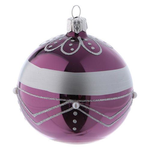 Blown glass Christmas balls 8 cm, purple with silvery design, 6 pcs 2