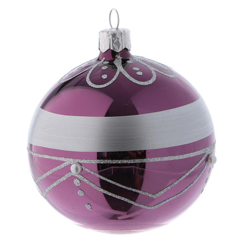 Blown glass Christmas balls 8 cm, purple with silvery design, 6 pcs 3