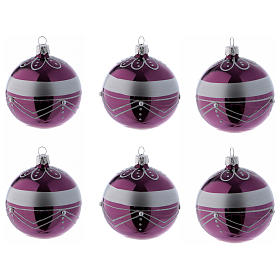 Purple lown glass Christmas balls with silver design 8 cm, 6 pcs