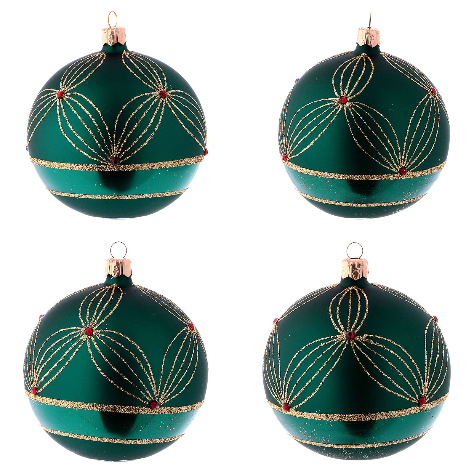 Blown glass Christmas balls 10 cm, green with gold design, 4 online
