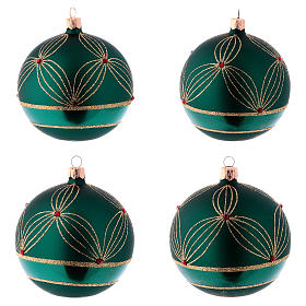 Blown glass Christmas balls 10 cm, green with gold design, 4 pcs