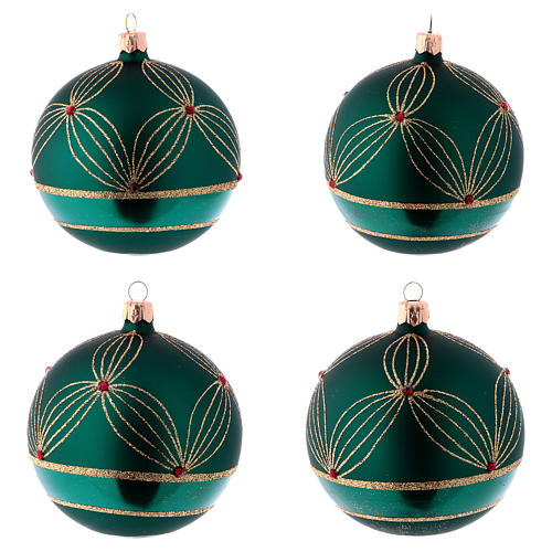Blown glass Christmas balls 10 cm, green with gold design, 4 pcs 1