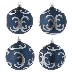 Blue blown glass balls with silver otnaments 10 cm, set of 4