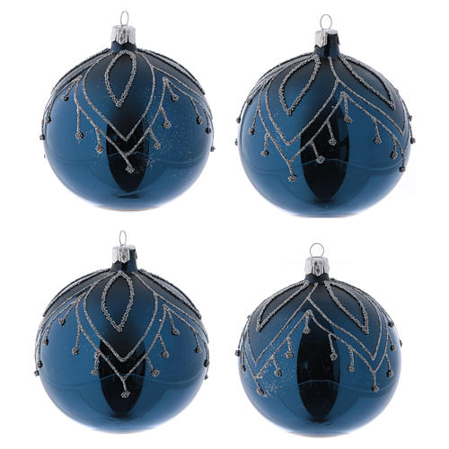 Weihnachtskugeln aus Glas 4er-Set Grundton Blau mit silbernen Verzierungen Glitter 100 mm 1