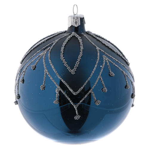 Weihnachtskugeln aus Glas 4er-Set Grundton Blau mit silbernen Verzierungen Glitter 100 mm 3