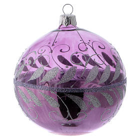 Weihnachtskugel aus violettfarbenem Glas mit silberfarbenen Ornamenten 100 mm