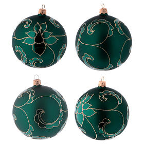 Weihnachtskugeln aus Glas 4er-Set Grundton Grün mit goldenen Verzierungen Samteffekt 100 mm