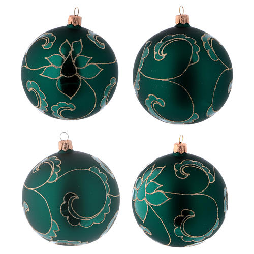 Weihnachtskugeln aus Glas 4er-Set Grundton Grün mit goldenen Verzierungen Samteffekt 100 mm 1