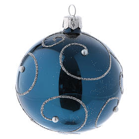 Weihnachtskugeln aus Glas 6er-Set Grundton Blau mit silbernen Verzierungen Glitter 80 mm