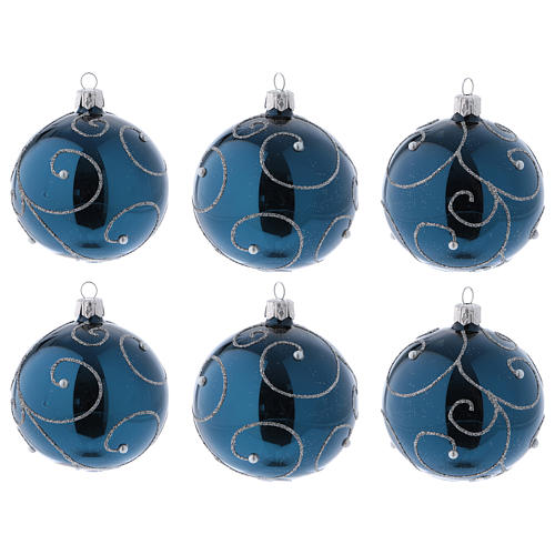 Weihnachtskugeln aus Glas 6er-Set Grundton Blau mit silbernen Verzierungen Glitter 80 mm 1
