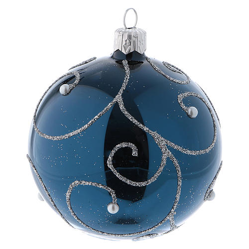 Weihnachtskugeln aus Glas 6er-Set Grundton Blau mit silbernen Verzierungen Glitter 80 mm 3