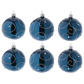 Christmas ball in blue glass with glittery silver decorations 80 mm 6 pieces