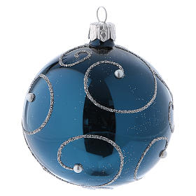 Christmas ball in blue glass with glittery silver decorations 80 mm 6 pieces