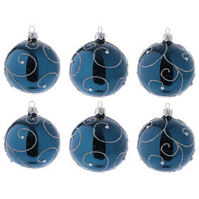 Blue blown glass balls with swirl designs 8 cm, set of 6