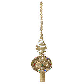 Puntale Albero di Natale in vetro trasparente con decorazione oro e pietre colorate 36 cm