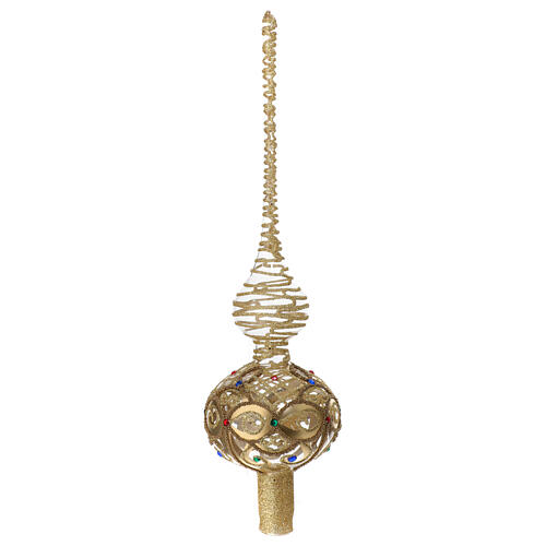 Puntale Albero di Natale in vetro trasparente con decorazione oro e pietre colorate 36 cm 1