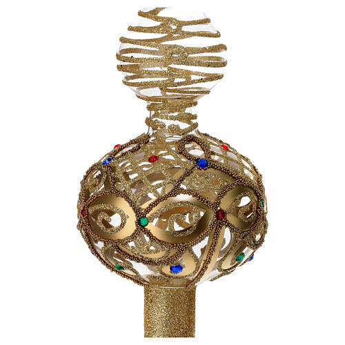 Ponteira árvore de Natal em vidro transparente com decoração ouro e pedras coradas 36 cm 2