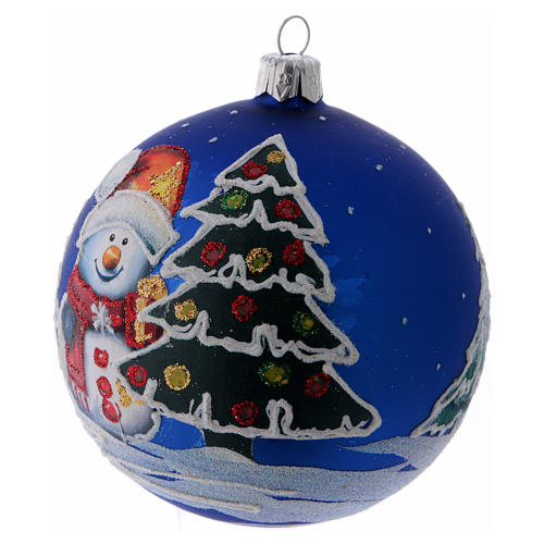 Bola Natal vidro azul e árvores nevados decorados 100 mm 2