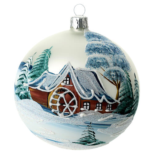 Weihnachtskugel aus Glas Grundton Perlgrau Motiv schneebedeckte Mühle 100 mm 2
