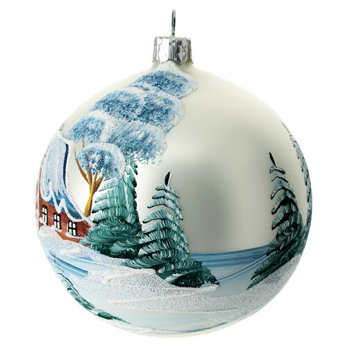 Weihnachtskugel aus Glas Grundton Perlgrau Motiv schneebedeckte Mühle 100 mm 6
