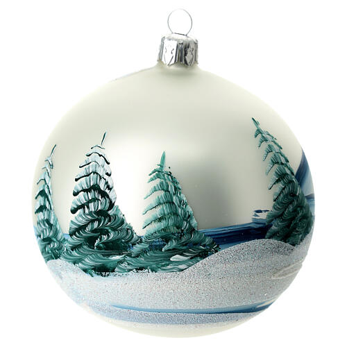 Weihnachtskugel aus Glas Grundton Perlgrau Motiv schneebedeckte Mühle 100 mm 8