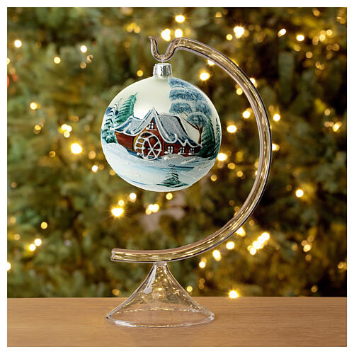 Christmas ball in pearl-grey glass with snowy mill 100 mm 3