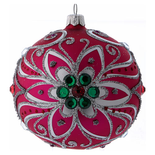 Christmas ball in fuchsia glass with silver flower decoration 100 mm 1