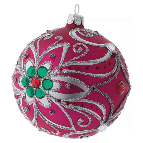 Christmas ball in fuchsia glass with silver flower decoration 100 mm 2