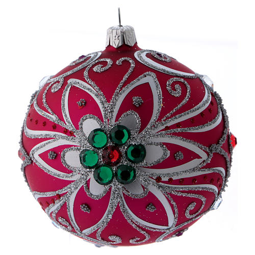 Christmas ball in fuchsia glass with silver flower decoration 100 mm 3