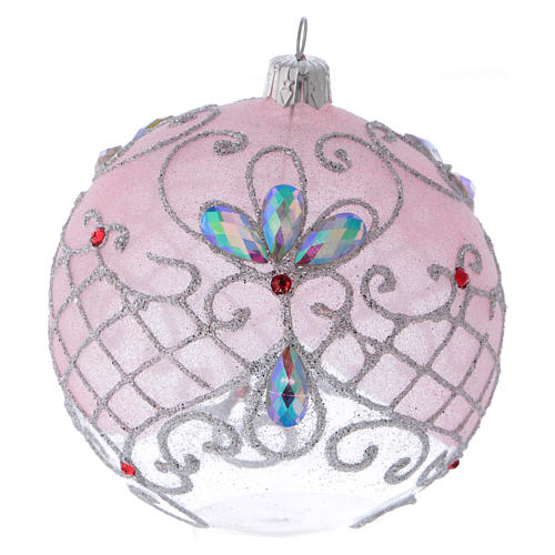 Weihnachtskugel aus transparentem Glas mit rosa- und silberfarbenen Verzierungen Glitter 100 mm 1